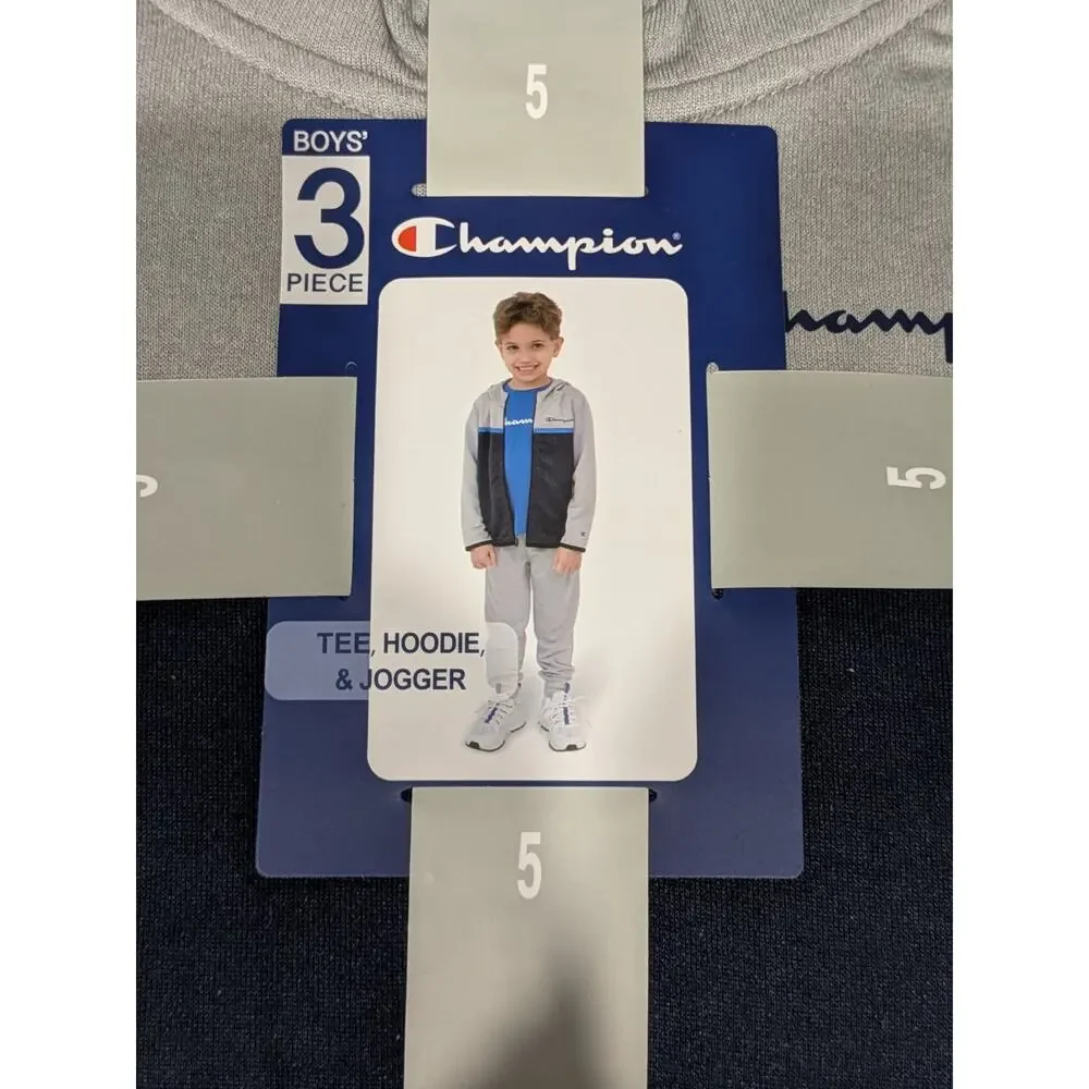 Champion Sweatsuit Boys 5 Gray Navy‎ Blue 3 Piece Joggers Zip Up Hoodie Tshirt